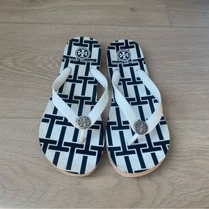 Tory Burch White and Black Thong Flip Flops
